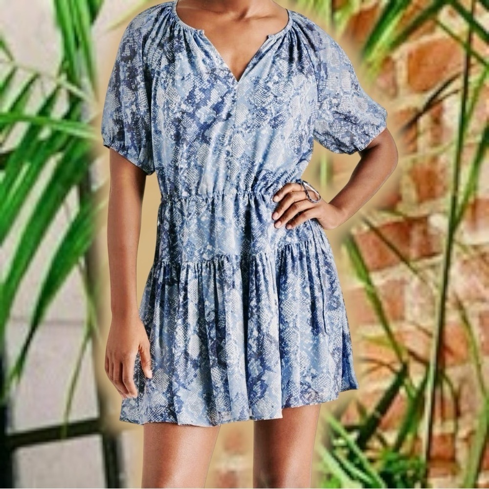 NWT Steve Madden Blue ‘Bishop’ Snakeskin Print Split-Neck Puff Sleeve Minidress